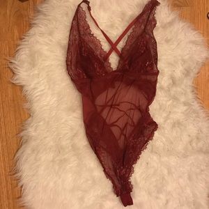 Forever 21 Burgundy Lace/Sheer BodySuit